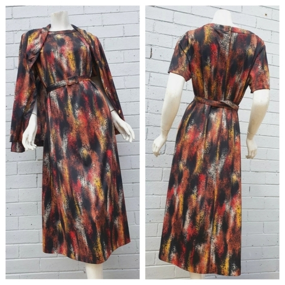 VTG 1980s Noble Frocks Sydney Matching 3 Piece Set Midi Dress Jacket Belt XXL 16 - Picture 9 of 10